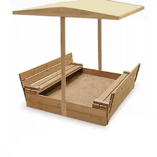 QLS Sandkasten aus Holz mit Sitzbank Dach Sandbox 150x150 cm Imprägniert Beige