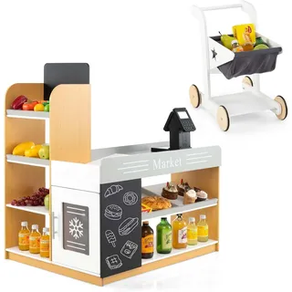Fantask Kaufmannsladen, Kaufladen Kinder mit Einkaufswagen, Supermarkt Holz mit Kasse & 2 Tafeln, Einkaufsladen für Kinder ab 3 Jahren