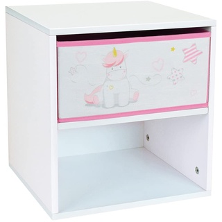 Fun House Licorne Chevet/Table nuit Avec tiroir H.36 33 X P. 30 cm Pour Enfant 713045 Einhorn Nachttisch mit Schublade, H 36 x L 33 x 30 cm für Kinder, Holz, weiß/rosa, à partir de 2 ans