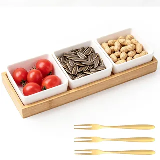 3 * Dipschalen Set Mit 30x10cm Bambus Servierplatte, Servierschalen Set Weiß Inklusive 3 Goldener Obstgabeln, Servierset Servierschalen Dipschalen Für Snackschalen Marmeladen Dessert Konfitürene