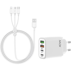 40 W Ladegerät USB C Schnellladeadapter Multi Charge Plug Dual USB 2,4A/15W Type-c/PD25W, 3A Ladekabel 3-in-1 Multifunktional Typ C/Micro USB, für Tablet, Android