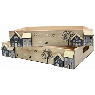 UNUS Holztablett Deko Tablett 2er Set mit Häuser Motiv white washed - Weiß