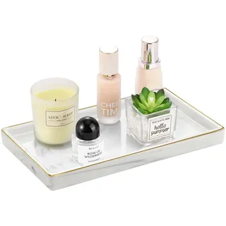 Luxspire Schmuck Tablett mit Goldrand, Hitzebeständig Keramik Badezimmertablett Küchen Platte Schmuckaufbewahrung Organizer Kosmetiktablett für Seifenspender Gewebe Kerzen, M Größe, Marmor Weiß