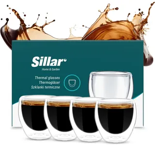 Sillar Doppelwandig Kaffeegläser 4 Stück x 80 ml Espressotassen Set Glas Cappuccino Gläser Latte Machiatto | Großes Hitzebeständiges Doppelwandglas Thermogläser | Kaffeegläser temperaturbeständig