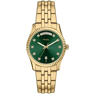 Fossil Scarlette Uhr für Damen, 34-mm Quarz-Dreizeiger-Datum-Uhrwerk mit Edelstahlarmband