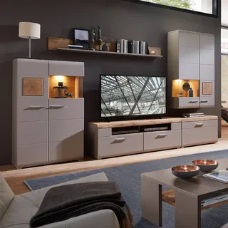 Wohnwand FARO-36 in basalt mit Absetzungen in Eiche Hirnholz Nb. und LED Beleuchtung, B/H/T: ca. 320/205/47 cm - Beige