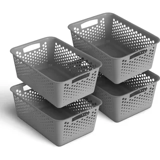4 Stück Aufbewahrungskorb 10L mit Griffen - BPA-Frei - Organizer ( 37 x 26 x 17 cm / Anthrazit ) - Körbchen für Bad Küche Schlafzimmer, Haushaltskorb - Grau