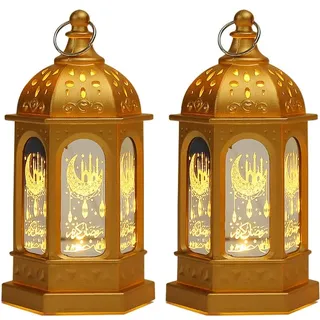 Anlising 2 Stücke Ramadan Dekoration Laterne,Ramadan Deko Licht Vintage Laterne Deko,Ramadan Deko Lampe,Eid Mubarak Laterne Mond Stern Dekoration,für Ramadan Muslimische Home Tabletop Decor(Golden)