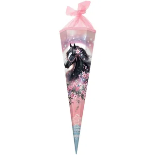 Goldbuch 98 141 Schultüte 85 cm Luna, Zuckertüte 6-eckig, Geschenktüte mit Pferde-Motiv, Geschenkverpackung aus Lackkarton, Einschulungstüte mit Netzverschluss, ca. 85 x 24 x 20 cm, rosa, pink