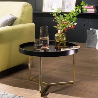 FineBuy Couchtisch 58,5x42x58,5cm Sofatisch Metall Rund Designer Retro Wohnzimmertisch modern Kleiner Loungetisch Schwarz / Gold - Schwarz