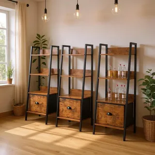 FurnitureR Esszimmer Glasvitrine Leiterstil 42x29x110 cm, 4 Ebenen, Stoffschublade, 12 mm Holzplatten & 20 mm Metallrahmen, 7,5 cm Rückwand, Elegantes Präsentationsregal