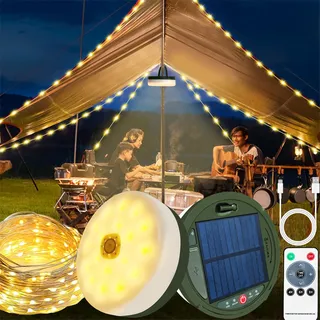 Camping Lichterkette Aufrollbar, 10M Solar Camping Lichterkette Außen, Tragbare LED Campinglampe, IP65 Wasserdichte, Wiederaufladbar über USB, Outdoor Lichterketten für Hof und Wandern (tentlight-a)