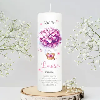 Wandtattoo Loft Taufkerze Mädchen mit Taufspruch, Motiv Heißluftballon aus rosa Blumen, 25cm x 8cm, personalisierte Kerze, bedruckte Kerze zur Taufe, Stumpenkerze, Geburtskerze, Taufgeschenk