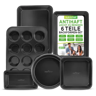 NutriChef Backformen-Set Schwarz– Backblech, Auflaufform, Muffin Backform, Brotbackform, Antihaft Karbonstahl Ofenfest bis 230 °C, Spülmaschinenfest, Stapelbar – Eckig & Rundes Backset, PFOA-frei