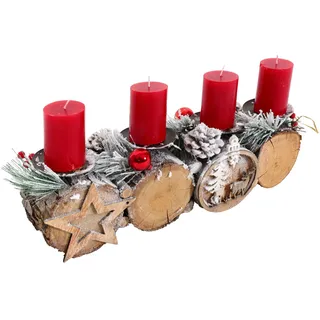 Adventsgesteck HWC-M14 mit Kerzenhalter, Adventskranz Weihnachtsgesteck Holz MVG 12x41x12cm  mit Kerzen - Braun