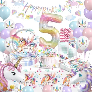 WINAROI Einhorn Deko Kindergeburtstag,Einhorn Geburtstagsdeko Mädchen 5 Jahre,Geburtstag Party Geschirr,Pappteller Kindergeburtstag mit Einhorn Luftballons Pappteller Tassen Servietten Tischdecke