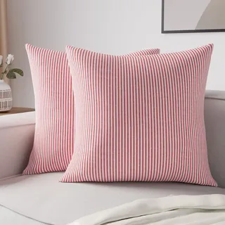 Encasa XO Kissenbezüge 2 Stück (50x50 cm) - Ticking Red - Weiche Baumwolle Leinwand Ungefärbt Quadrat Kissenbezug Bunte Dekorative für Wohnzimmer Schlafzimmer Sofa Waschbar