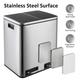 Mülleimer Küche - Treteimer 30L (2x15L) - Doppelkammer Mülltrennsystem - Soft-Close Deckel - Einbau Ausziehbar - Edelstahl - Herausnehmbare Inneneimer