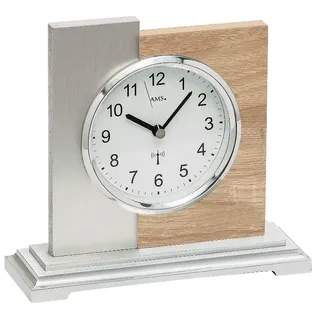 AMS 5151 Tischuhr Funk silbern modern Holz Sonoma Optik mit Aluminium Auflage - Weiß