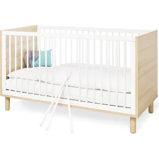 Babybett Babyzimmer FERRARA-134 in weiß mit Esche Nachbildung und Schlupfsprossen, B/H/T: 75/85/145 cm - Weiß