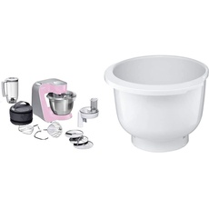 Bosch MUM58K20 CreationLine Küchenmaschine (1000 Watt, 3, 9 Liter, edelstahl-Rührschüssel, Durchlaufschnitzler, Mixer-Aufsatz) pink + MUZ5KR1 Kunststoff-Rührschüssel für Küchenmaschine Mum5