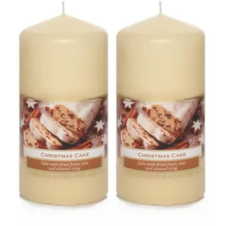 Dekohelden24 Stumpenkerzen, Adventskerzen, Adventskranzkerzen, Duft - Stumpenkerzen im 2er Set in Creme, Duftrichtung Zimt - Stollen und Marzipan, Lieferumfang 2 Stück, Größe H/Ø ca. 10 x 5 cm,