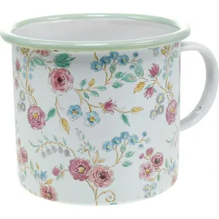 Pflanztasse Rosen Emaille Deko Tasse Weiß mit Henkel Ø9,5cm Nostalgie Vintage Blumentopf - Weiß