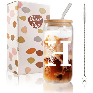 Bliceon A-Z Initial Personalisierte Geburtstagsgeschenke für Frauen, 500ml Eiskaffeetassen aus Glas für Mama, Freundinnen und Schwestern, Männer, Papa, Eiskaffeetasse mit Deckel und Strohhalmen (H)