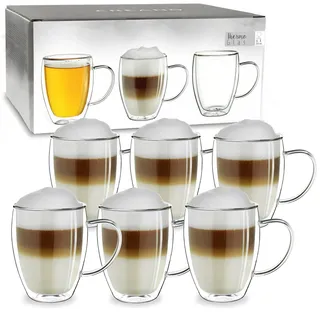 Creano doppelwandiges Thermoglas mit Henkel 250ml, großes Doppelwandglas aus Borosilikatglas, Kaffeegläser, Teegläser, 6er Set