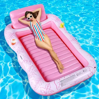 Charmofun Aufblasbarer Luftmatratze Pool, Inflatable Tanning Pool mit Tassenhalter, Pool Lounge aufblasbare Liege, Aufblasbare Sonnenpool Wasserhängematte für Erwachsene und Kinder (Rosa)