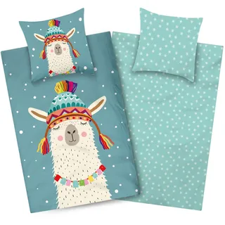 Aminata kids Biber Bettwäsche 135x200 Mädchen Lama 100% Baumwolle | YKK Reißverschluss warm & kuschelig, Flanell-Winter-Bettwäsche-Set - Wendebettwäsche Alpaka-Motiv