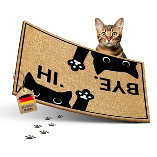 ElbFuchs Katzen-Fußmatte Kokos 60x40cm Hi & Bye Katze I Extra langlebige & rutschfeste Kokosmatte für Innen & Überdachte Außenbereiche I Lustige Türmatte mit Katzenmotiv I Ideal als Schmutzfang