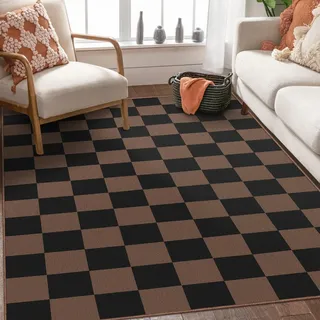 SOANNY Teppich Wohnzimmer Kurzflor, super weich, modernem Karomuster, waschbar & rutschfest, für Wohnzimmer, Schlafzimmer, Kinderzimmer, Esszimmer, Büro, Schwarz-Braun, 140x200 cm