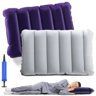 UVVRUR Aufblasbares Kissen Luftkissen Kopfkissen 2 Stück Nackenkissen Strandkissen Camping Reisekissen Velour Kissen für Camping und Reisen für Büro Outdoor (Dunkelblau und grau)