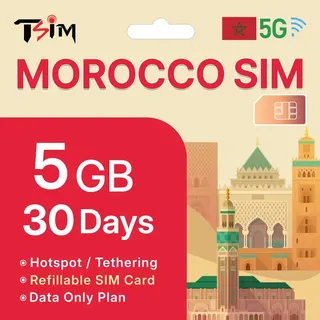 TSIM Morocco SIM-Karte 30 Tage | 5 GB Highspeed-Daten in 5G/4G/LTE | Datenfreigabe erlaubt | Automatische Aktivierung | Upgrade 5G-SIM | Nur Daten, Keine Anrufe