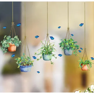 WandSticker4U®- XXL Fensterbilder Frühling selbstklebend HÄNGEPFLANZEN (120x86 cm) I Fenstersticker Pflanzen hängend grün Wohnzimmer Schlafzimmer Bad Küche I Frühlingsdeko Fenster Deko Aufkleber GROß