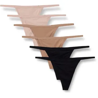 Amazon Essentials Damen Mikrofaser-Tangas (G-String & Hochtaillierter Tanga), 6er-Pack, Gewaschene Bronze/Helles Blütenblatt/Schwarz, 44