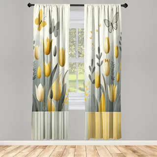 ABAKUHAUS Vorhänge 2er-Pack, Modern Scandi Kunst Gartenkulisse mit Tulpenblumen und tanzendem Schmetterling, Vorhang für Wohnzimmer Schlafzimmer, 4 Stück 150 cm x 225 cm, Aprikose Lila Blau Beige