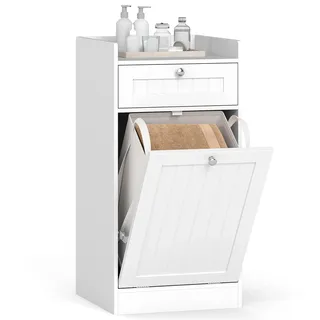 FANTASK Badschrank mit Wäschekorb, freistehender Wäscheschrank mit Regal & 2 Fächern, Badezimmerschrank mit Griffen, moderner Badmöbel für Badezimmer, Weiß (40,5 x 40 x 80 cm)