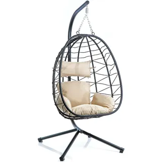 Wiltec Hängesessel für Indoor und Outdoor, Hängestuhl aus Rattan, Korbsessel bis 130 kg, Hängeschaukel mit Gestell und Sitzkissen