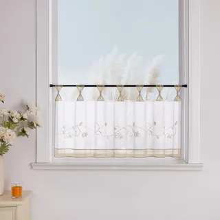 Yujiao Mao 1er Pack Stickblume Schlaufen Scheibengardine kleine Kaffee Vorhang Terri Garn Raffrollo, HxB 45x90cm, Sand