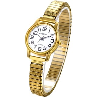 JewelryWe Uhren Damen Elastisch Edelstahl: Klassische Einfache Analog Quarz Armbanduhr Frauen Gold Edelstahl Stretch-Armband Geschäft Lässige Uhr Damenuhr mit großen arabischen Zahlen Zifferblatt