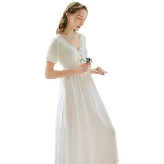 YAROVA Damen Nachthemden - Vintage Spitze Nachthemd Frauen Baumwolle Sexy V-Ausschnitt Langes Nachtkleid Nachtwäsche Lässige Nachtwäsche Sommer Kurzarm Heimkleidung