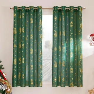 PONY DANCE Dunkelgrüne Gardinen Wohnzimmer Weihnachten Transparente Vorhänge mit Goldernem Muster Weihnachtsvorhänge mit Ösen 2er Set H 160 x B 140 cm Voile Gardinen Leinenoptik Durchlässig
