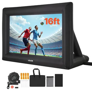 Vevor aufblasbare Filmleinwand Projektion Beamer Leinwand aus 600D, Projektionsleinwand mit tragbarer Aufbewahrungstasche, 16:9, Filmprojektion für Heimkino Mottoparty Poolspaß (409 x 160 x 272 cm)