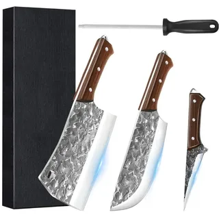 MDHAND Metzgermesser Set 4-teilig Handgeschmiedetes Serbisches Küchenmesser Set mit Ausbeinmesser Hackmesser & Wikinger Messer, Profi Küchenmesserset für Fleisch, BBQ & Outdoor– Geschenk für Männer