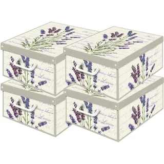 Set aus 4 Aufbewahrungsboxen mit Deckel – Große Kleiderboxen aus Karton 25x35x17,5 cm – Robust, leicht zu montieren, mit Tragegriffen – Perfekt für Kleiderschrank & Saisonwechsel Lavendel
