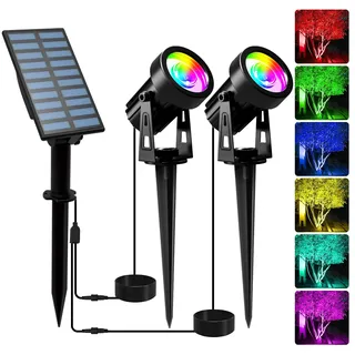 T-SUNUS Solarstrahler für Außen, 2 in 1 Solar Gartenleuchten Farbige 6 Farbwechsel IP65 Wasserdicht Solarlampen für Außen Garten RGB für Baumstrahler Weg Hof Garage