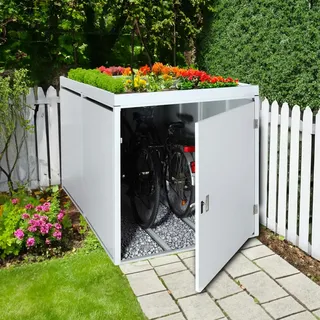 Mendler 2er-Fahrradgarage mit Pflanzkasten HWC-L56b, Fahrradbox, abschließbar verzinkter Stahl 125x113x208cm ~ hellgrau