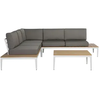 Beliani Lounge Set mit Tisch Weiß Aluminium u. Kunstholz inkl. Auflagen Grau Holzwerkstoff, 5-Sitzer L-Form, Loungemöbel, Loungemöbel-Sets